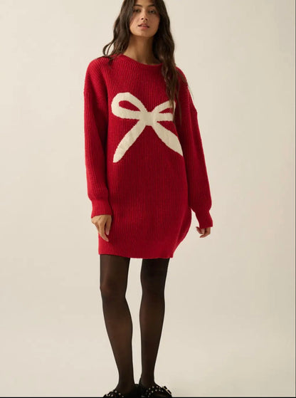 Bow Detail Ribbed Knit Mini Sweater Dress