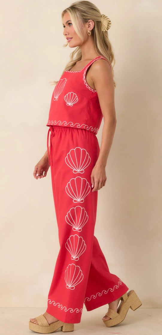Sea You Soon Red Cotton Blend Shell Embroidered Wide Leg Pants