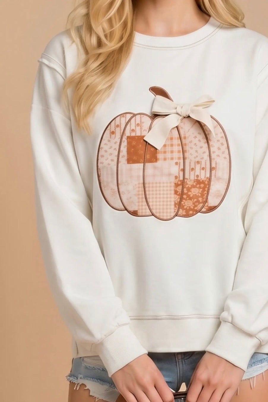 Patchwork Pumpkin Bow Graphic Crewneck