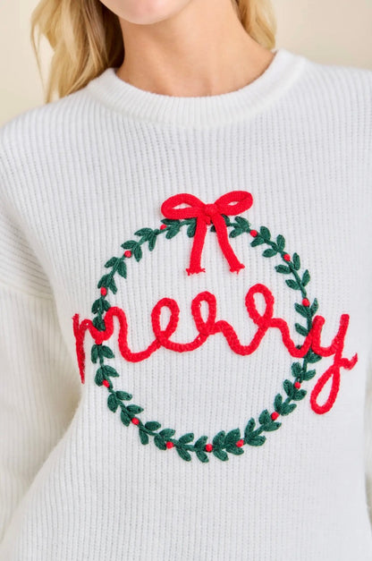 Merry Wreath Knit Sweater with Red Bow Holiday Pullover