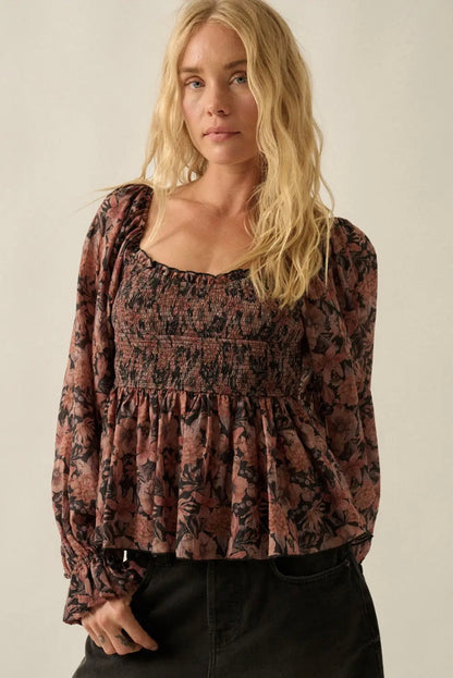 Floral-Print Sweetheart Smocked Peplum Peasant Top