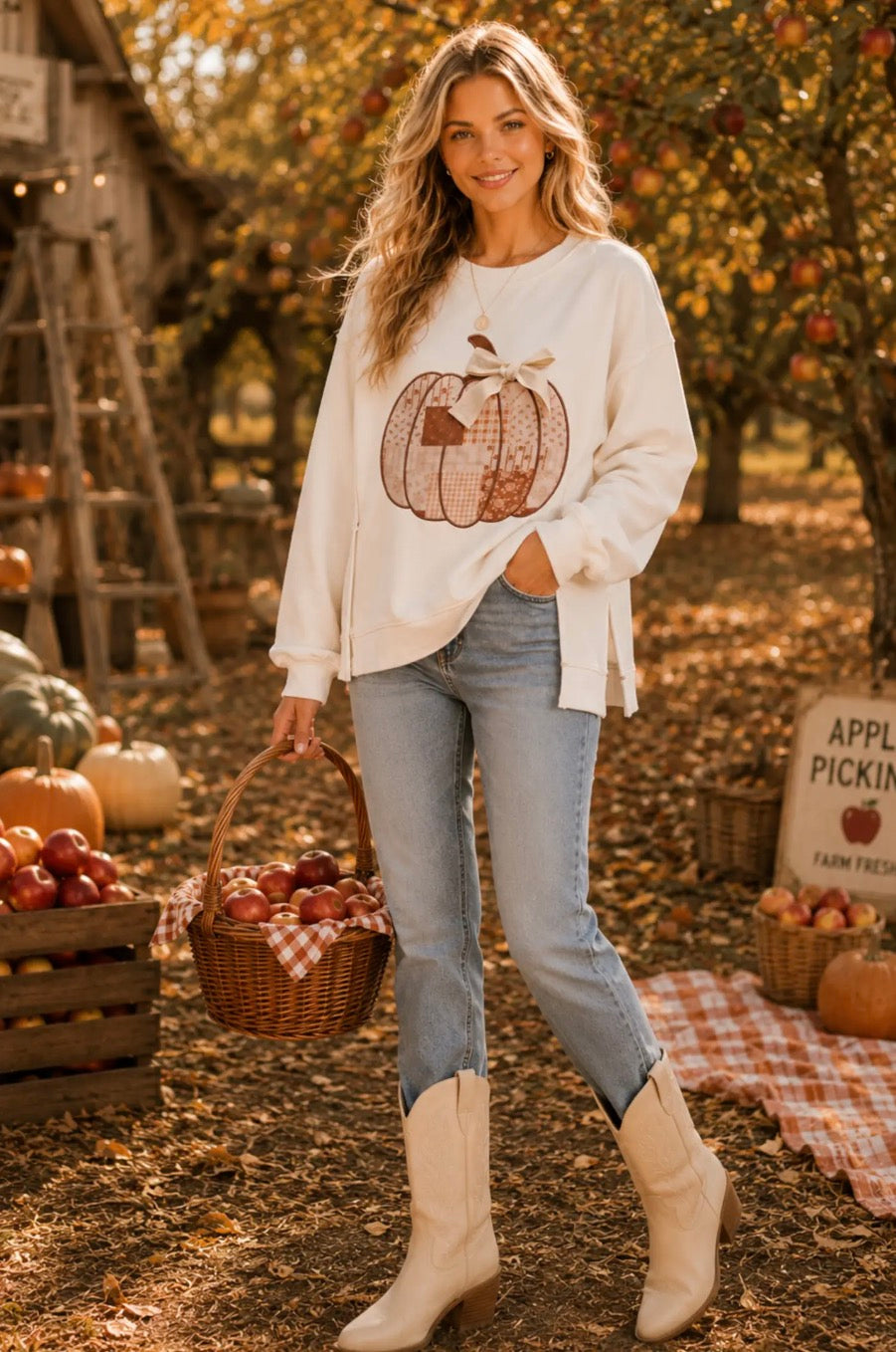 Patchwork Pumpkin Bow Graphic Crewneck