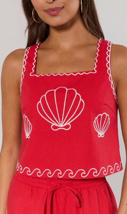 Sea You Soon Red Cotton Blend Shell Embroidered Tank Top