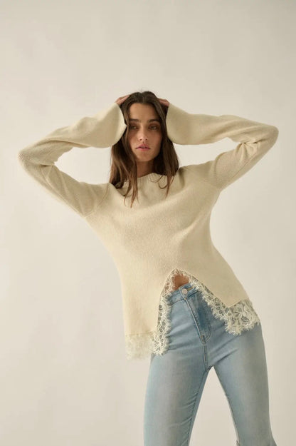 Solid Ribbed Knit Split-Front Lace-Trim Bell-Sleeve Sweater