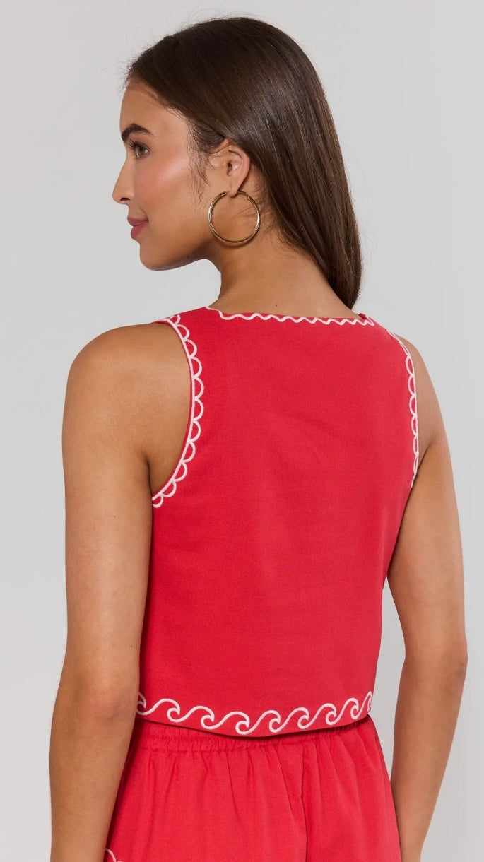Sea You Soon Red Cotton Blend Shell Embroidered Tank Top