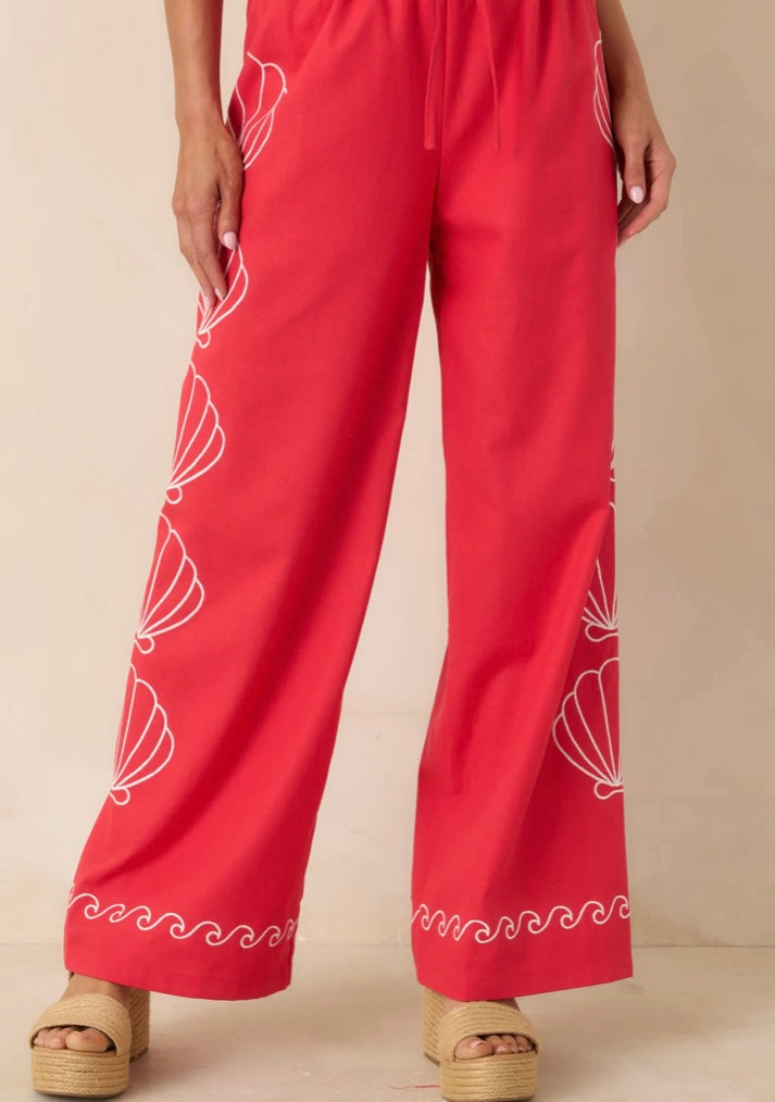 Sea You Soon Red Cotton Blend Shell Embroidered Wide Leg Pants