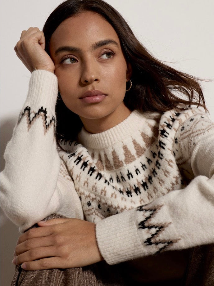 Cream Fair Isle crew neck jumper with brown and black geometric pattern