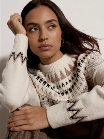 Cream Fair Isle crew neck jumper with brown and black geometric pattern