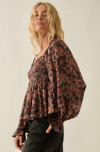 Floral-Print Sweetheart Smocked Peplum Peasant Top