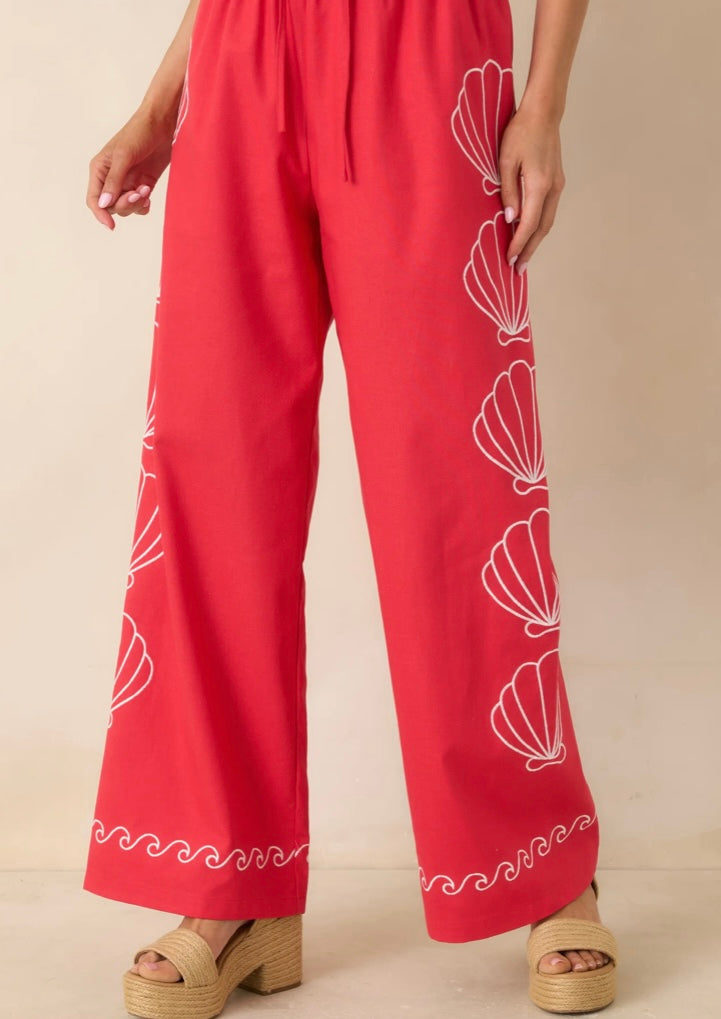 Sea You Soon Red Cotton Blend Shell Embroidered Wide Leg Pants
