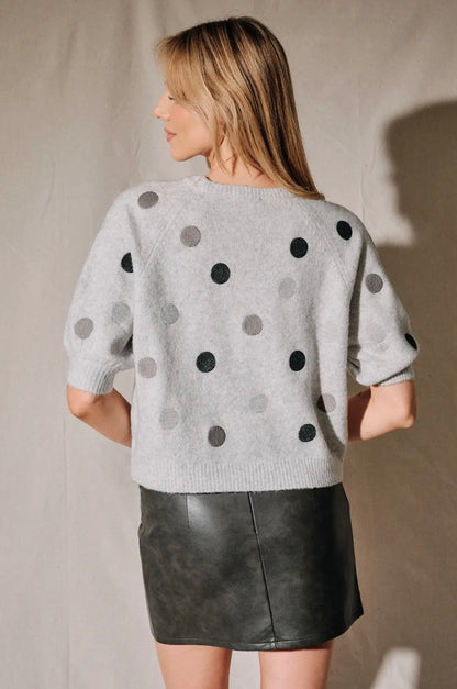 Round Neck Raglan Half Sleeve Polka Dot Melange-Multi Dot Sweater