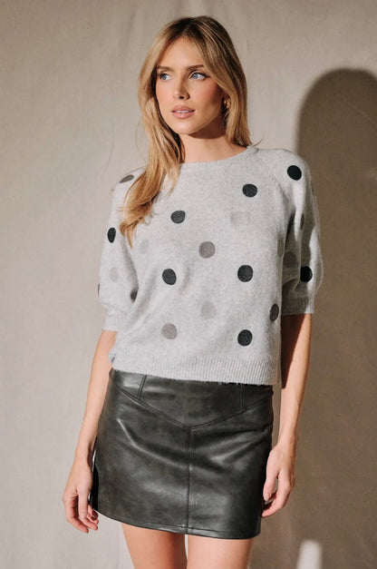 Round Neck Raglan Half Sleeve Polka Dot Melange-Multi Dot Sweater