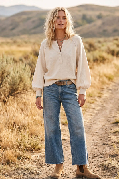 Henley Balloon Sleeve Sweater