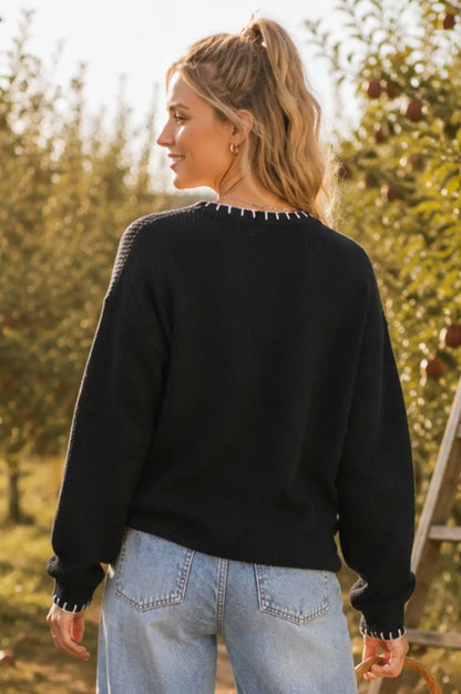 Boo Embroidered Halloween Knit Sweater - Black Pullover