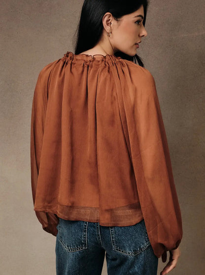 Ruffled Neck Front Ties Crinkles Peasant Cami Lined Blouse