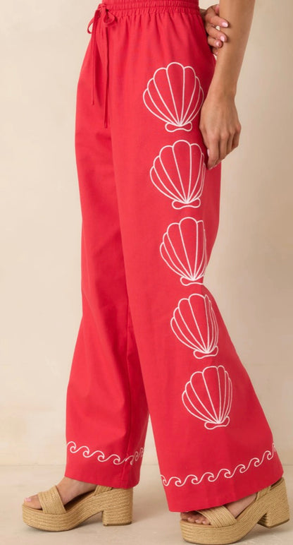 Sea You Soon Red Cotton Blend Shell Embroidered Wide Leg Pants