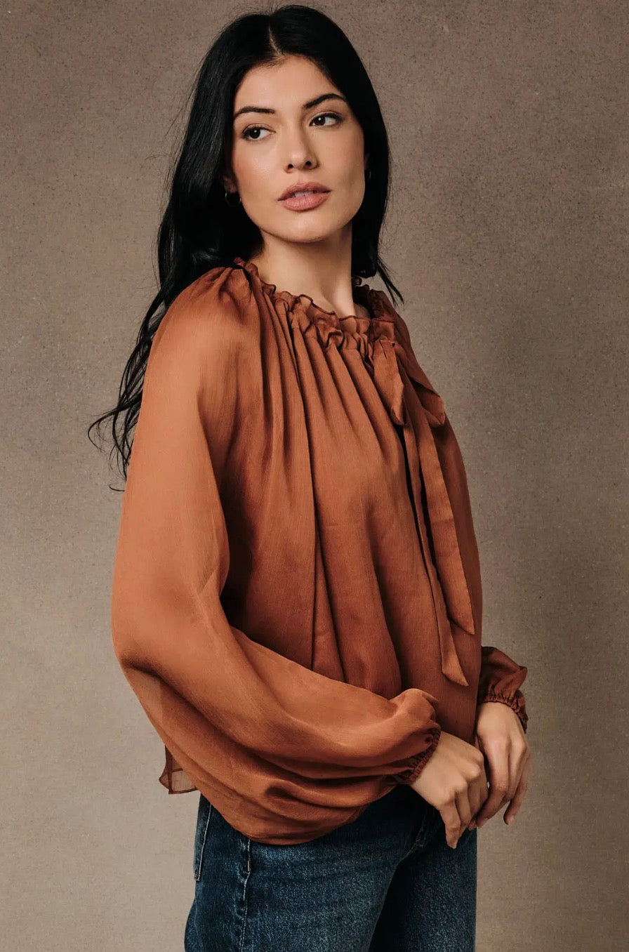 Ruffled Neck Front Ties Crinkles Peasant Cami Lined Blouse