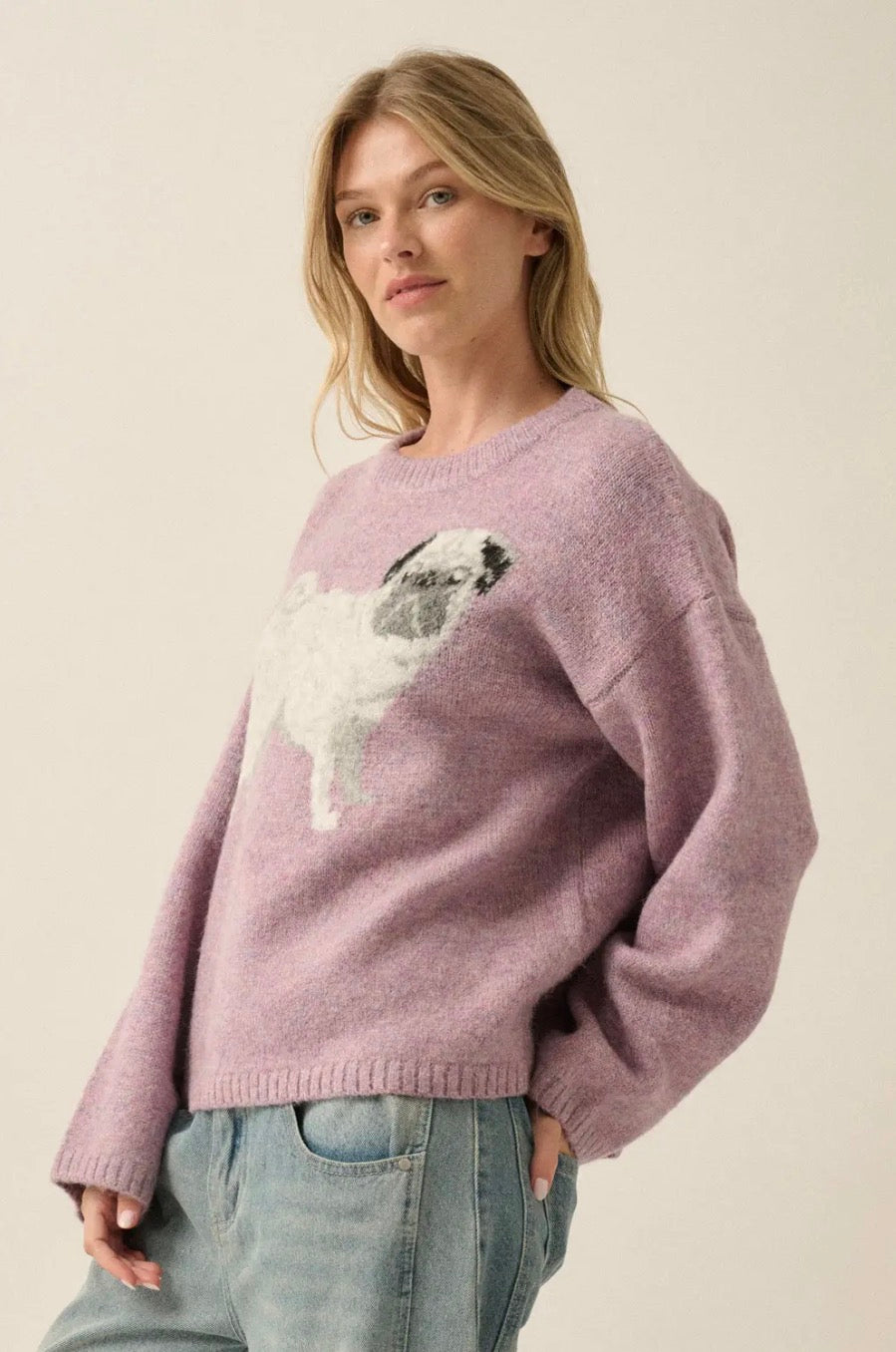 Pug Dog Solid Knit Relaxed-Fit Drop-Shoulder Sweater