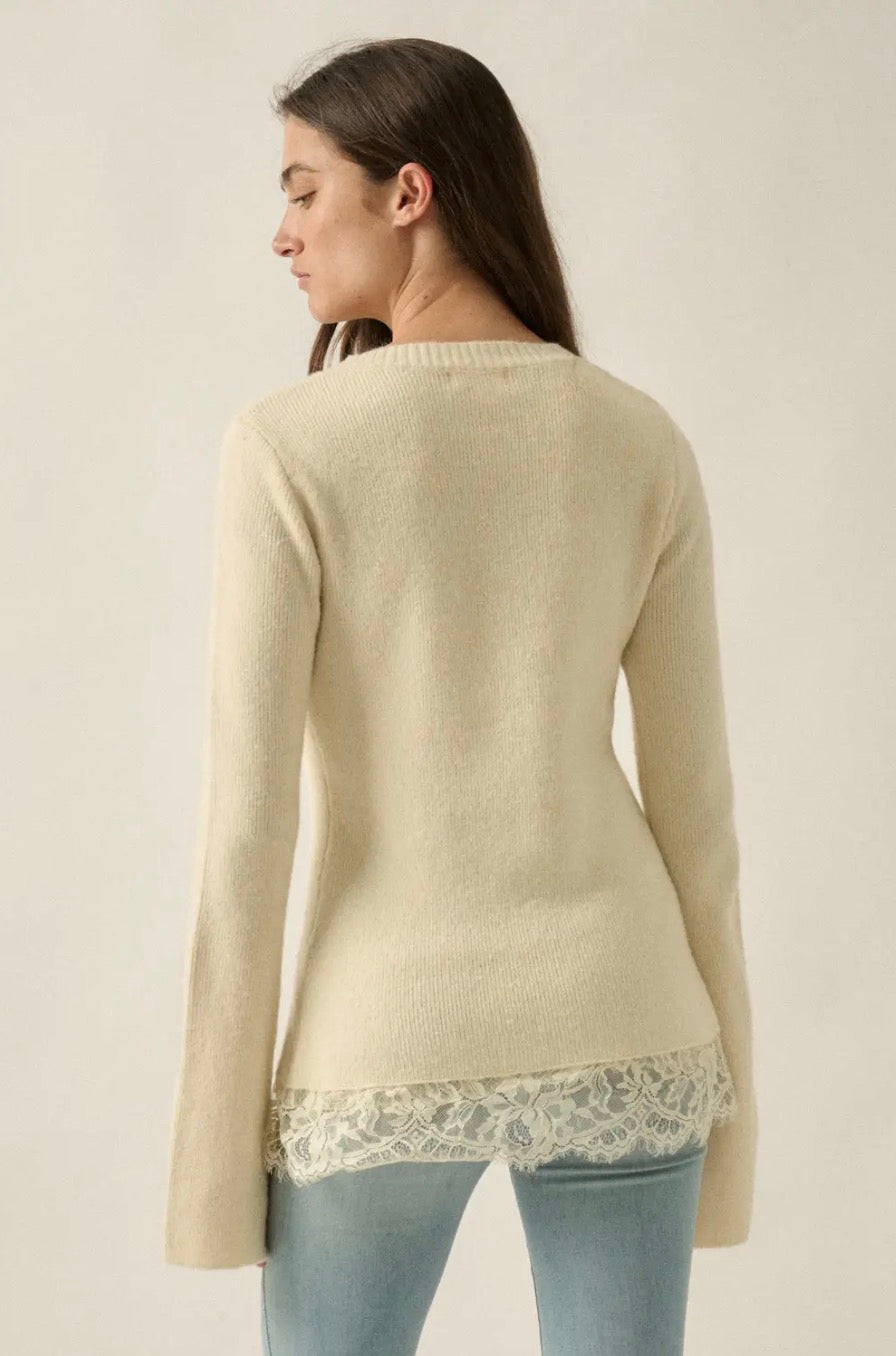 Solid Ribbed Knit Split-Front Lace-Trim Bell-Sleeve Sweater