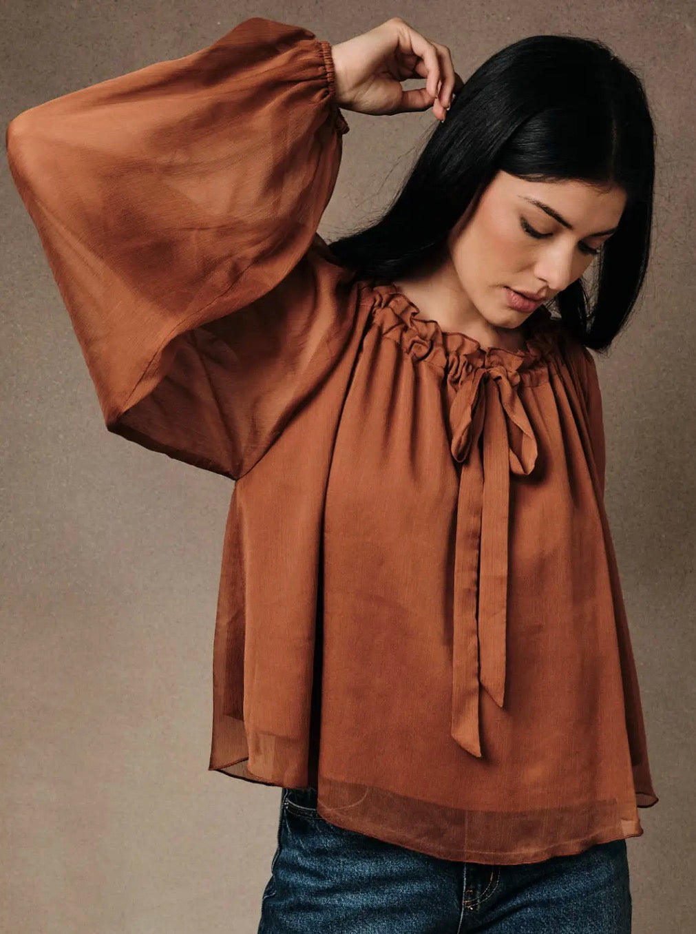 Ruffled Neck Front Ties Crinkles Peasant Cami Lined Blouse