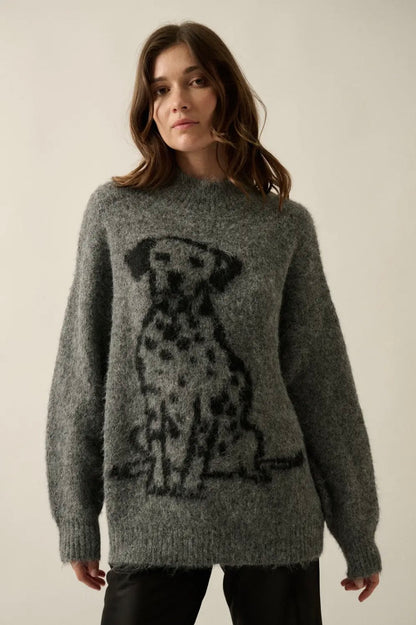 Dalmatian Fuzzy Jacquard-Knit Mock-Neck Sweater