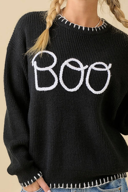 Boo Embroidered Halloween Knit Sweater - Black Pullover
