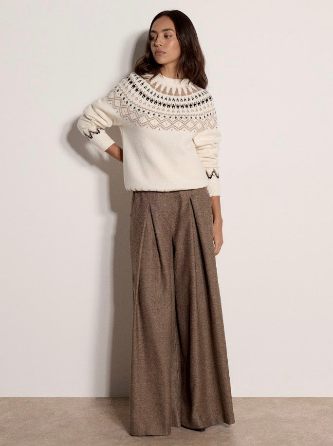 Cream Fair Isle crew neck jumper with geometric yoke pattern and long sleeves