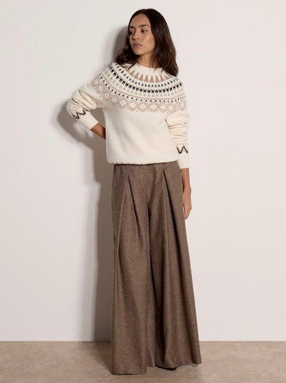 Cream Fair Isle crew neck jumper with geometric yoke pattern and long sleeves