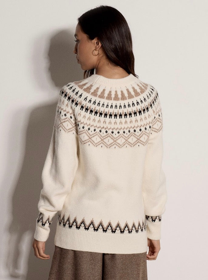 Cream Fair Isle crew neck jumper with tan and black geometric yoke pattern