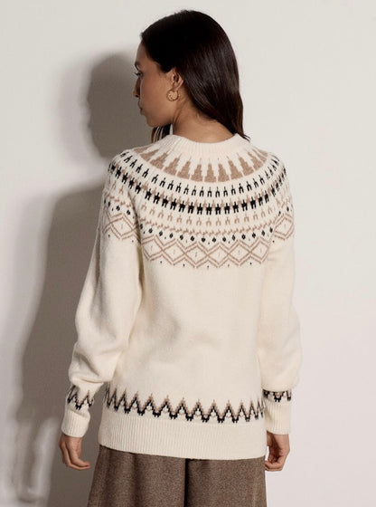 Cream Fair Isle crew neck jumper with tan and black geometric yoke pattern