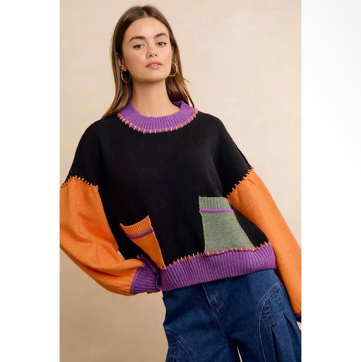 Halloween Contrast Stitch Patchwork Sweater