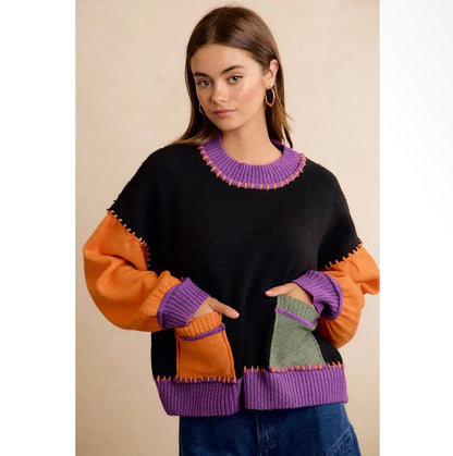 Halloween Contrast Stitch Patchwork Sweater