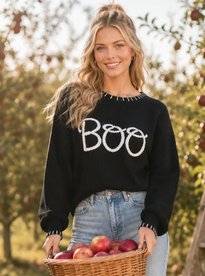 Boo Embroidered Halloween Knit Sweater - Black Pullover