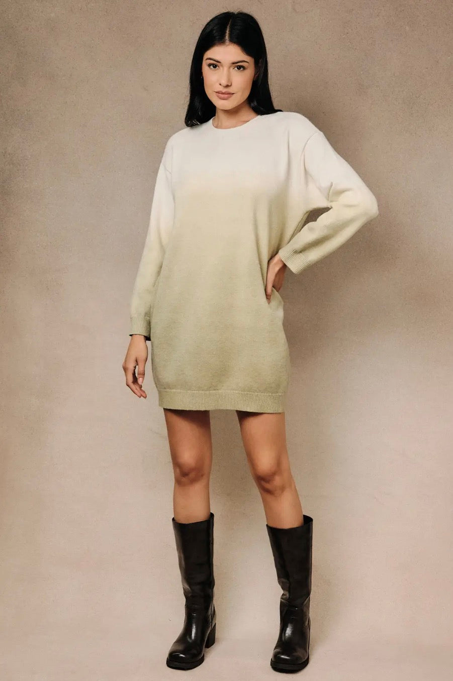 Round Neck Long Sleeve Ombré Sweater Mini Dress