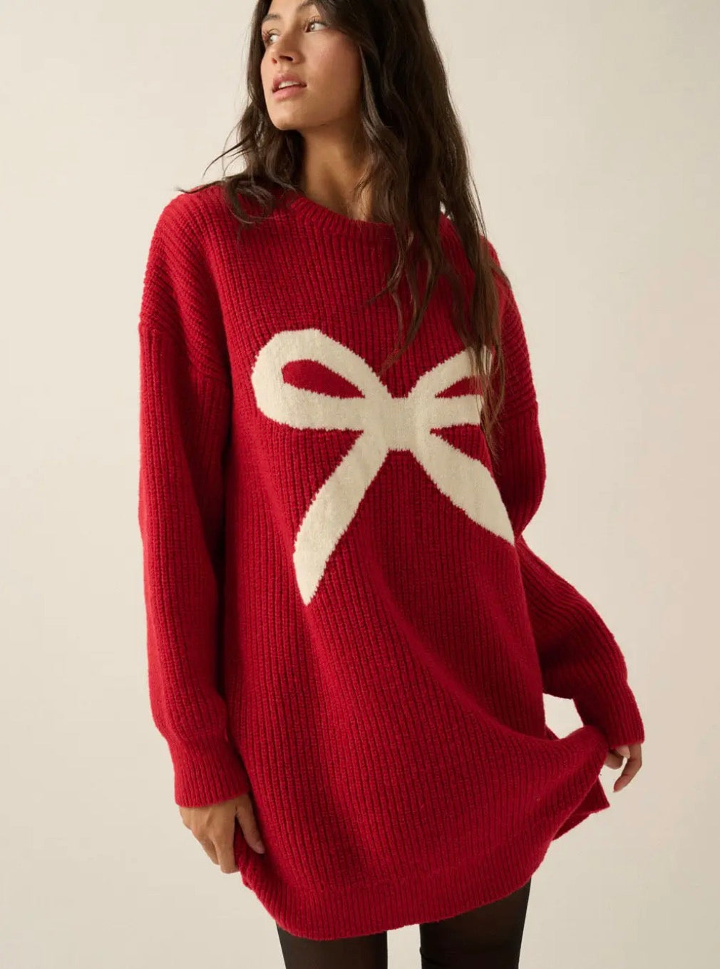 Bow Detail Ribbed Knit Mini Sweater Dress