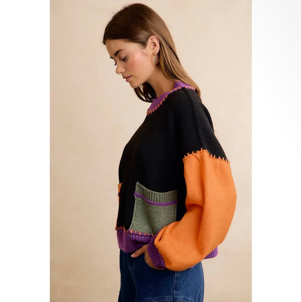 Halloween Contrast Stitch Patchwork Sweater