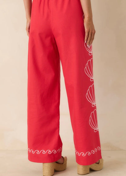 Sea You Soon Red Cotton Blend Shell Embroidered Wide Leg Pants