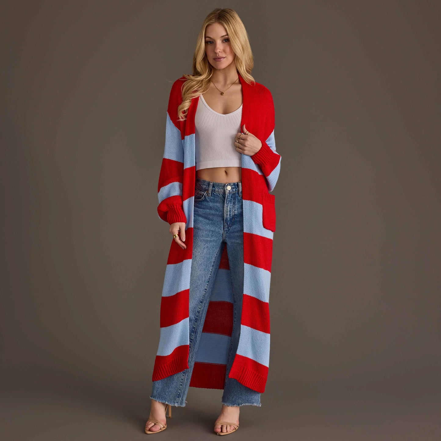 Red and Light Blue Striped Duster Cardigan