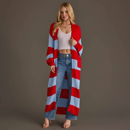 Red and Light Blue Striped Duster Cardigan