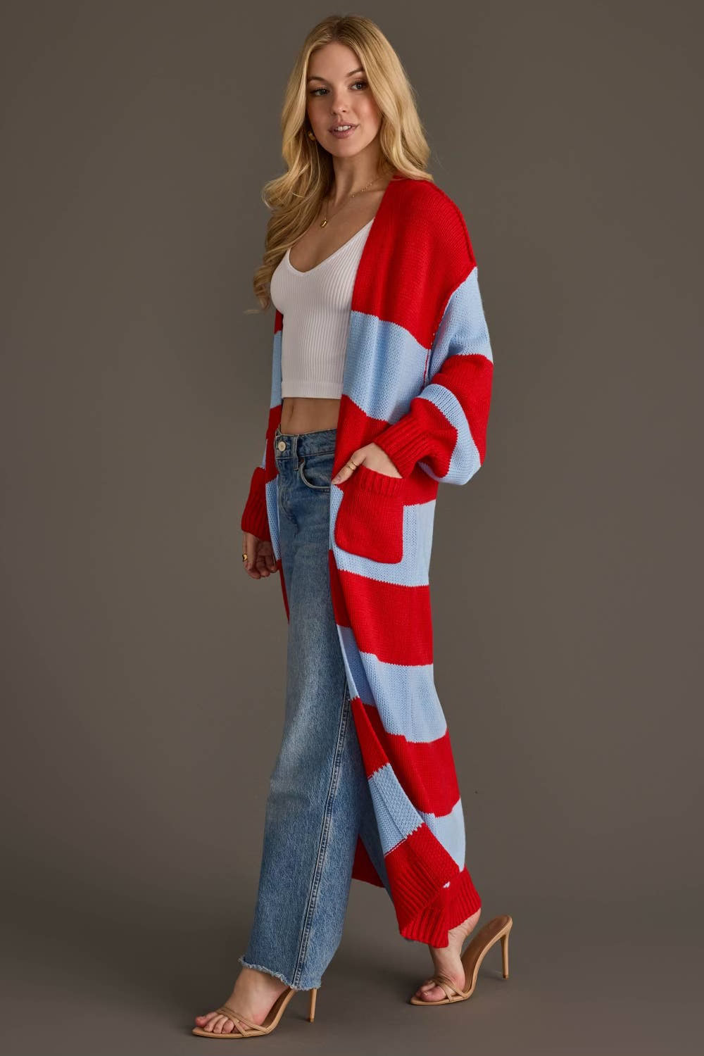 Red and Light Blue Striped Duster Cardigan
