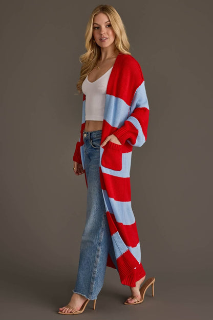 Red and Light Blue Striped Duster Cardigan
