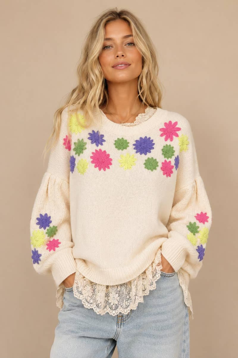 Colorful Embroidery Floral Long Sleeve Knit Sweater