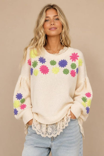 Colorful Embroidery Floral Long Sleeve Knit Sweater