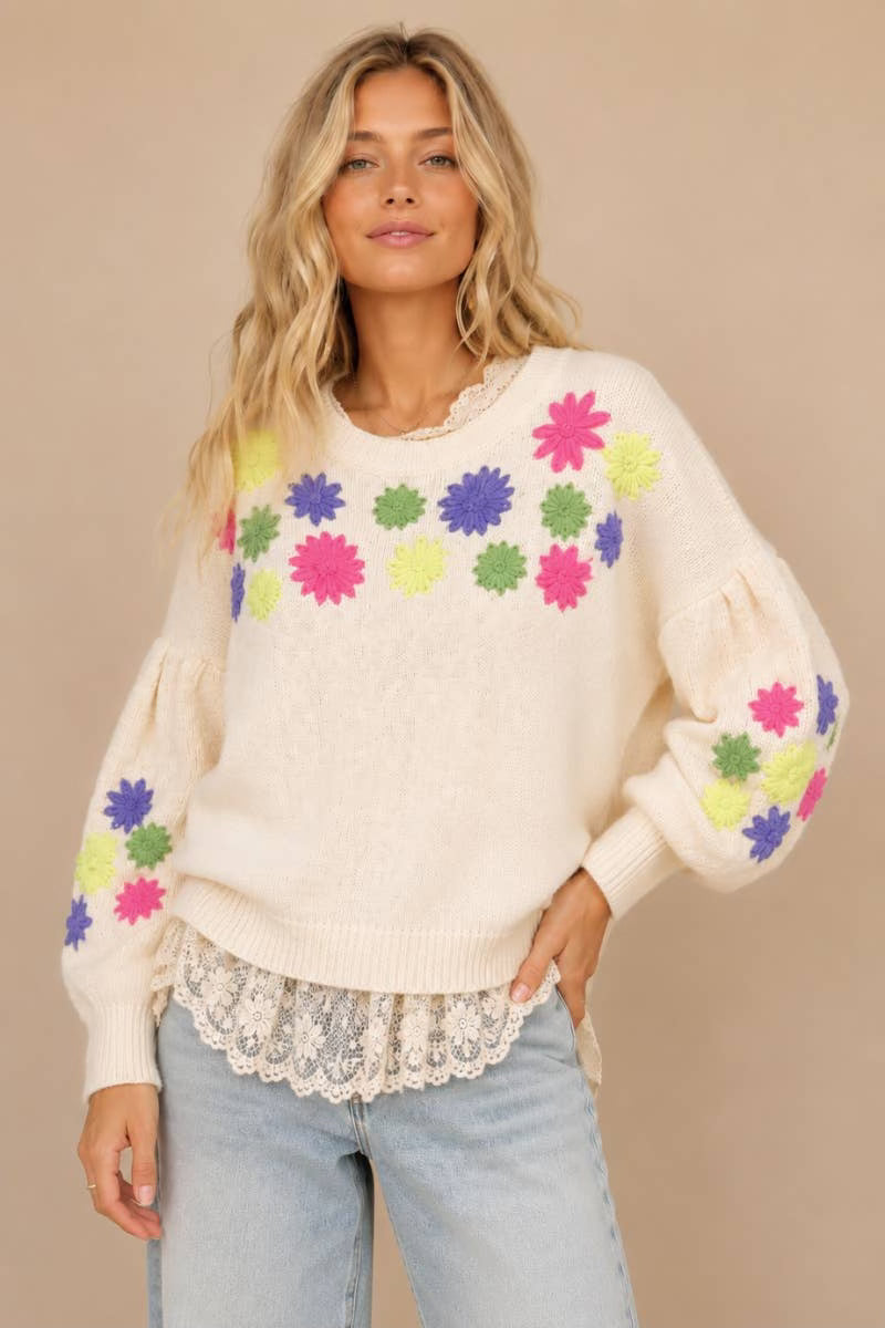 Colorful Embroidery Floral Long Sleeve Knit Sweater