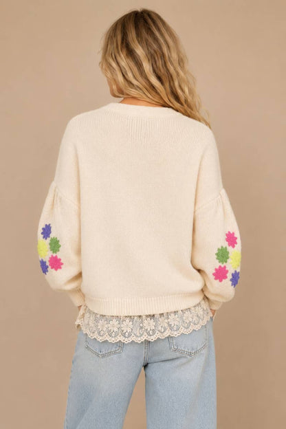 Colorful Embroidery Floral Long Sleeve Knit Sweater