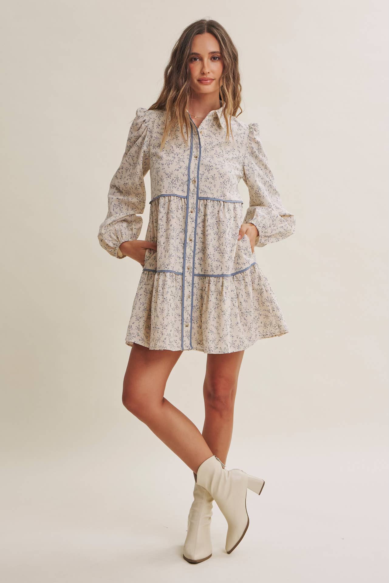 In February Autumn in Bloom Floral Babydoll Mini with Contrast Binding Dress