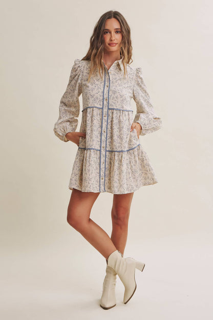 In February Autumn in Bloom Floral Babydoll Mini with Contrast Binding Dress