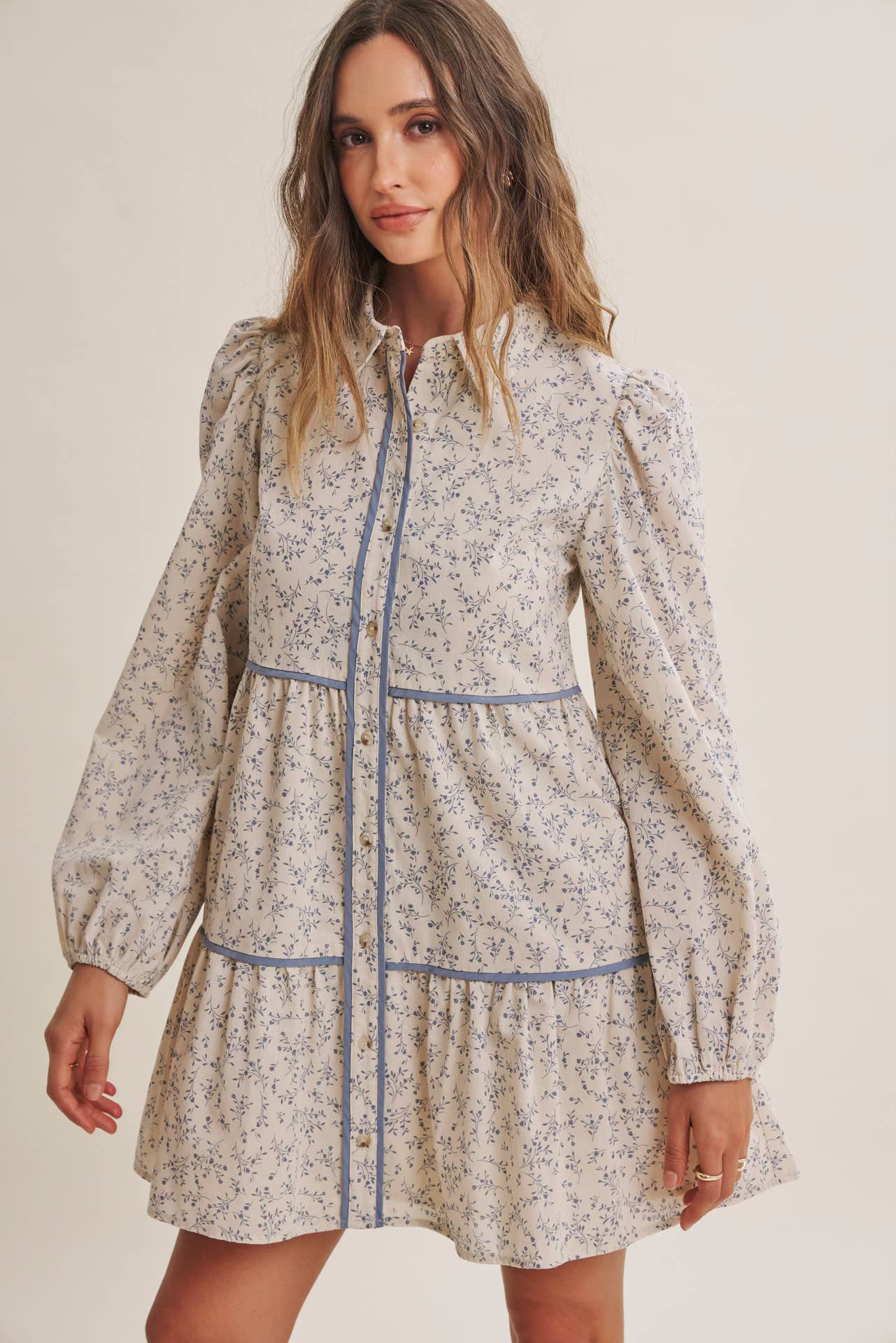 In February Autumn in Bloom Floral Babydoll Mini with Contrast Binding Dress