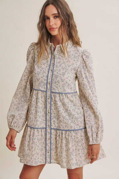 In February Autumn in Bloom Floral Babydoll Mini with Contrast Binding Dress