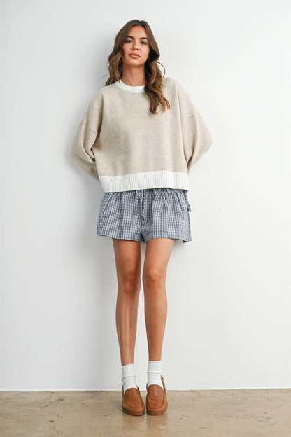 Buttermelon Cozy Contrast Trim Sweater - Taupe/Ivory